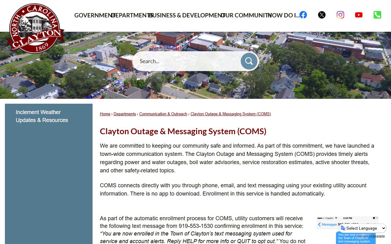 Clayton phone directory COMS outage reporting options