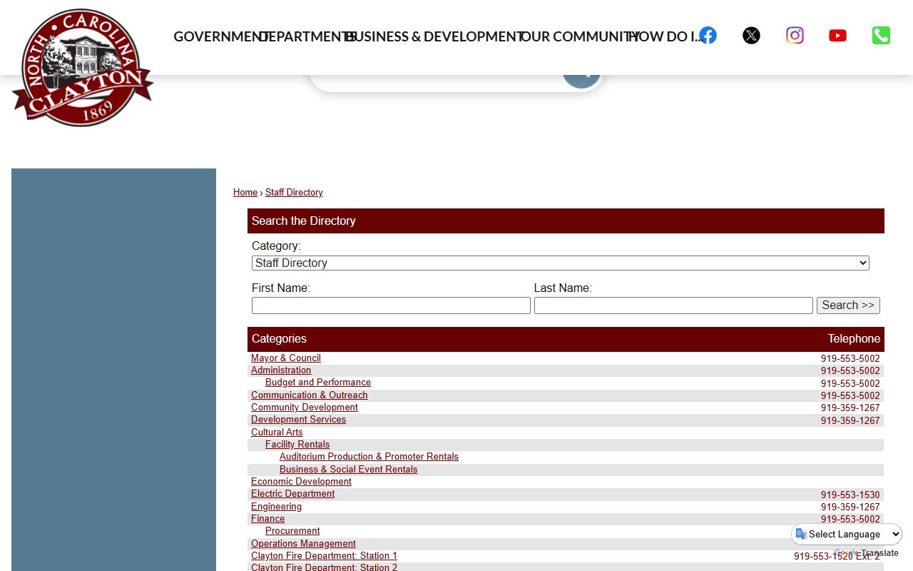 Clayton phone directory staff search for town departments