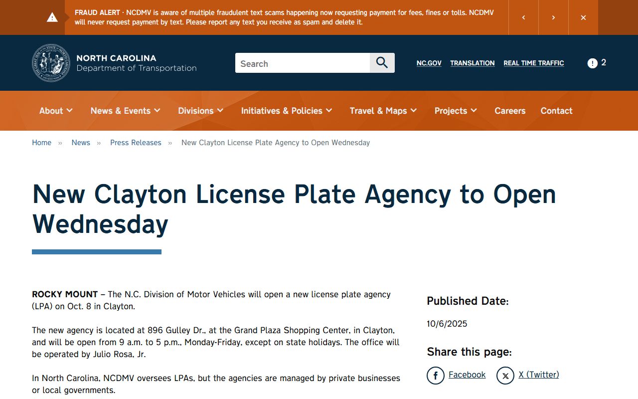 Clayton phone area codes NCDOT Clayton License Plate Agency announcement