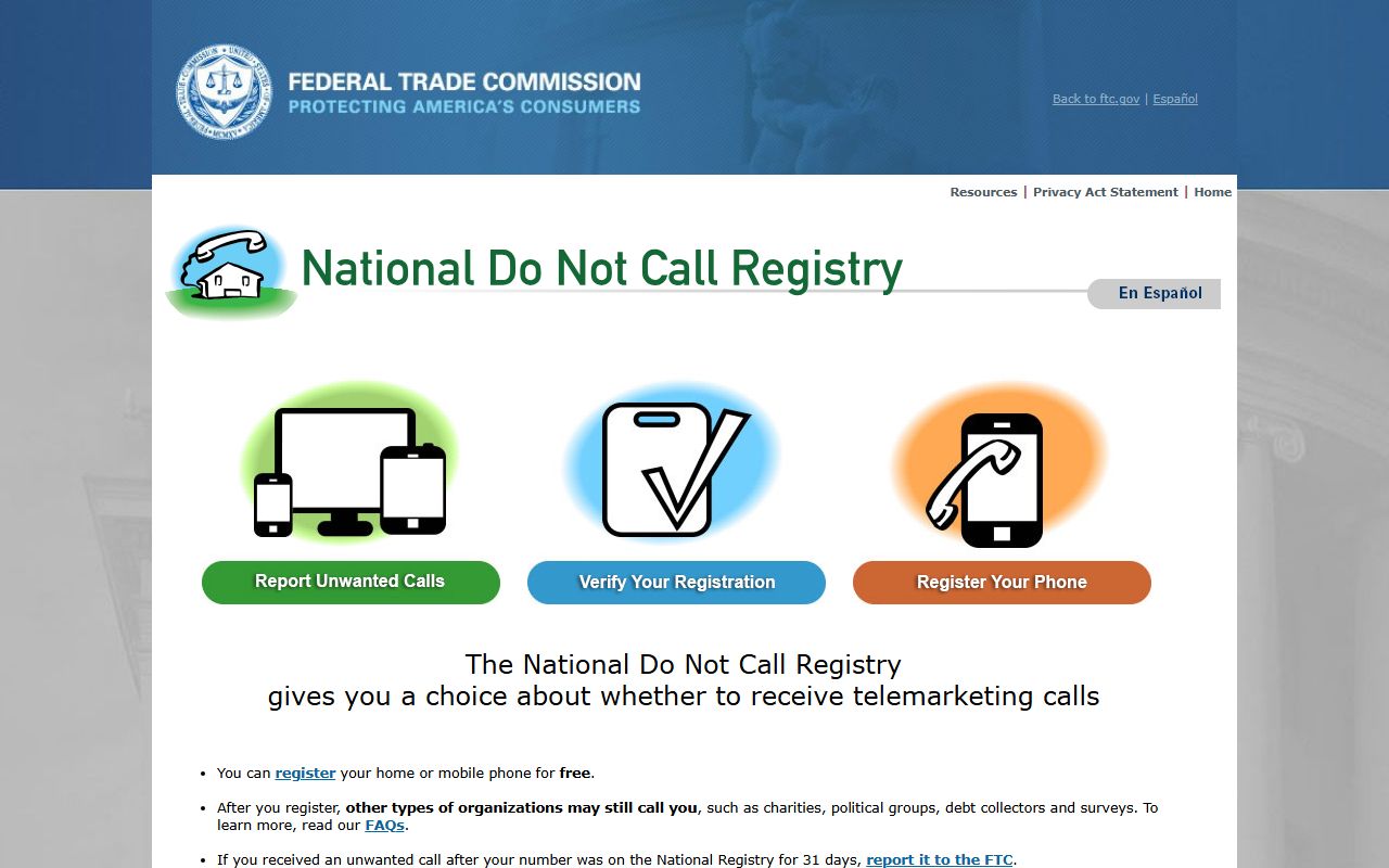 Clayton phone numbers FTC Do Not Call complaint and registration